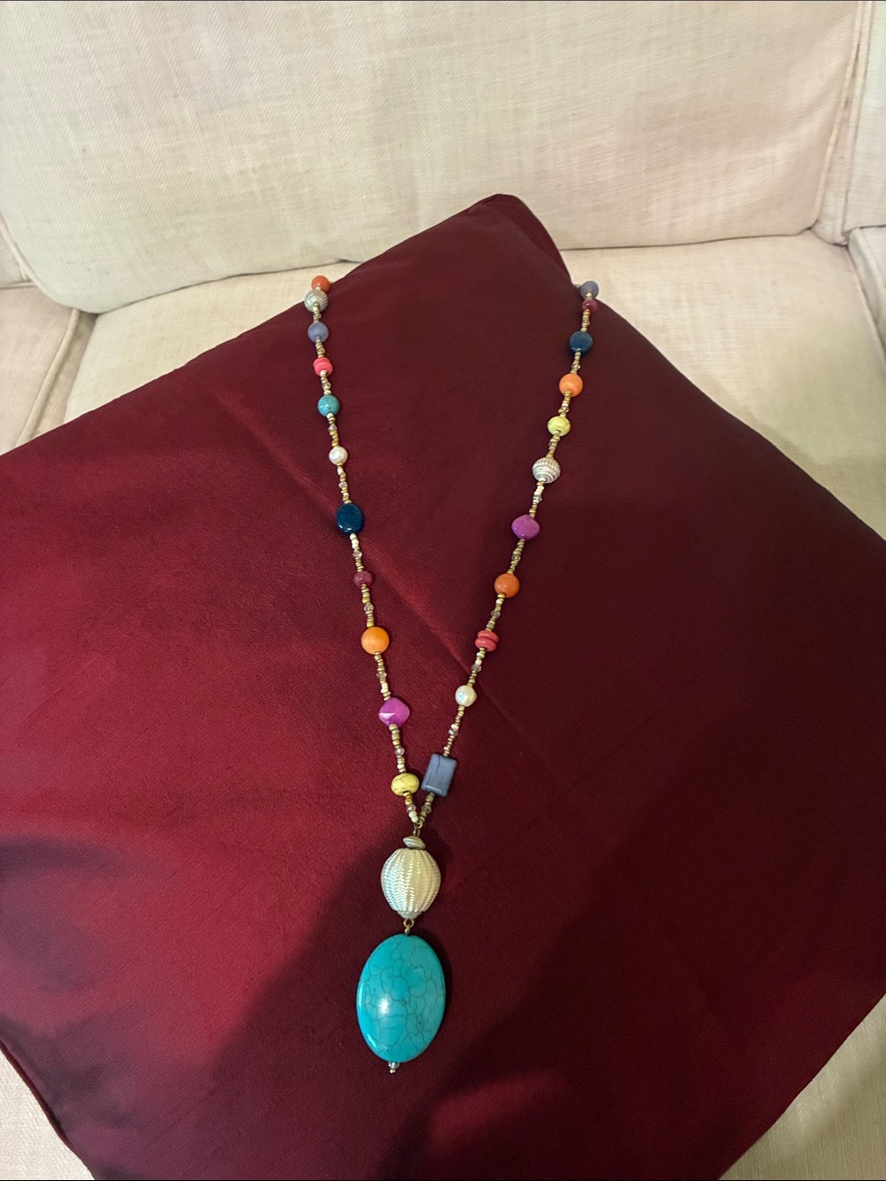 Chico's Multicolor Beaded Necklace with Turquoise Pendant